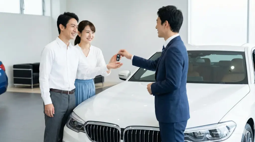 明るいカーディーラーのショールームで、笑顔の日本人夫婦が販売員からピカピカの新車の鍵を受け取っている納車のシーン。