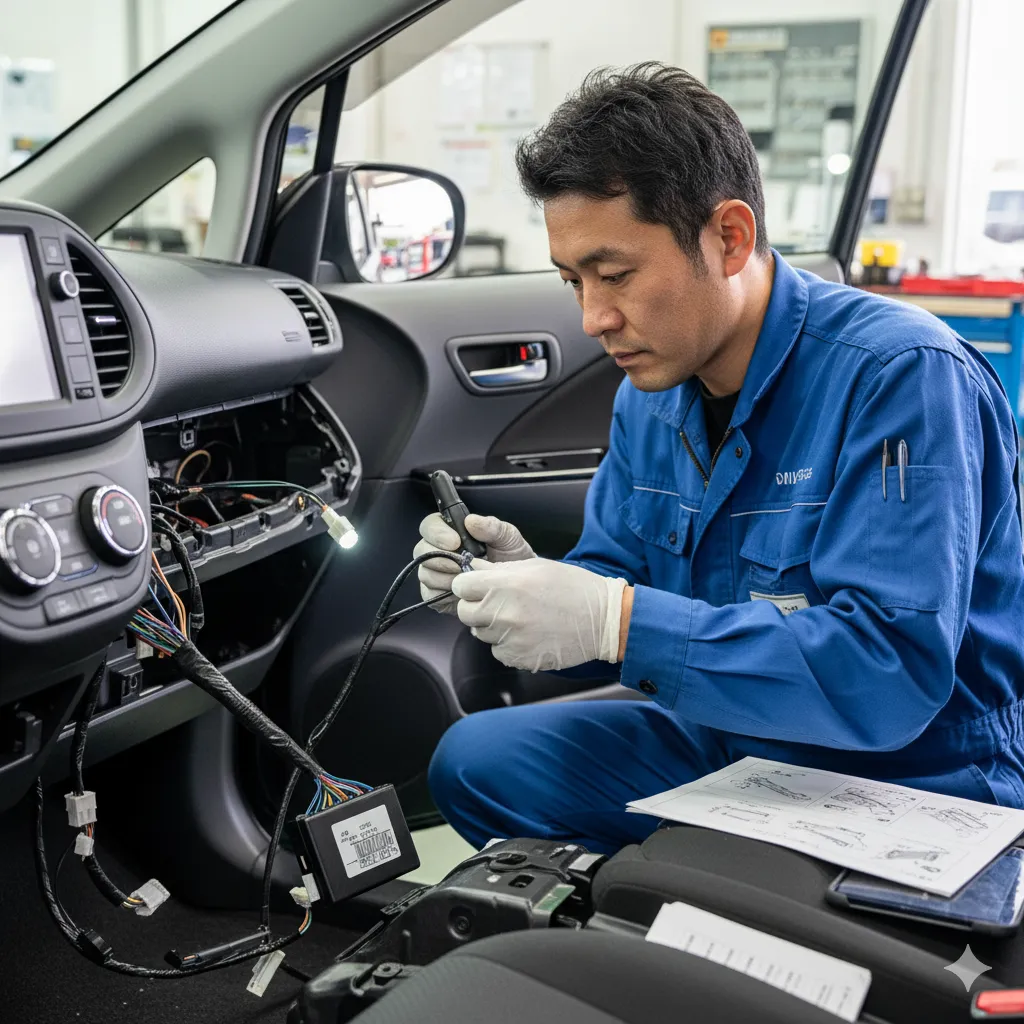 旧型シエンタのダッシュボード内で、後付けクルーズコントロールキットの配線作業を行う日本人整備士。