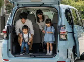トヨタシエンタの広い荷室で楽しそうに過ごす日本人家族。両親と子供二人が車の中でくつろいでいる。