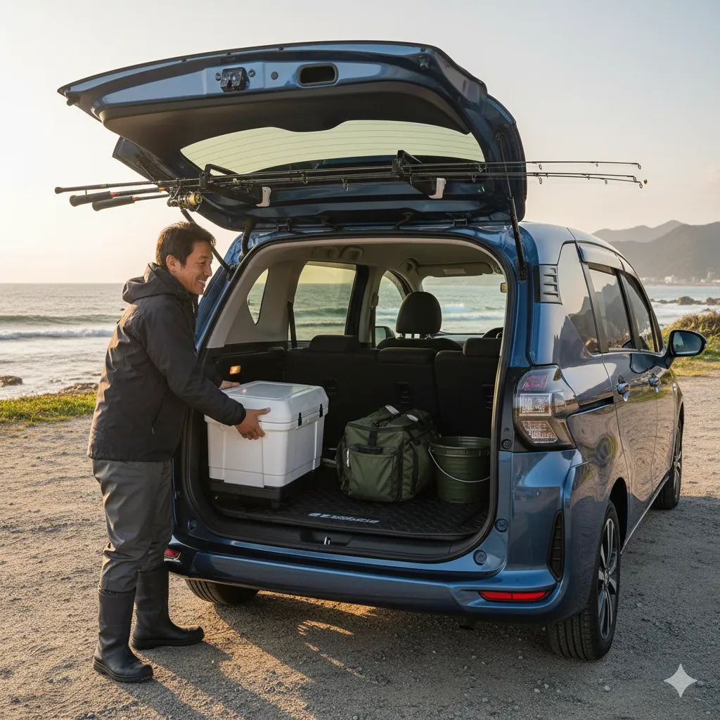 釣りに出かける準備ができたトヨタシエンタ（5人乗り）のリアビュー。後部ハッチが開き、広々とした荷室には釣り竿やクーラーボックスが積み込まれ、快適な釣行を予感させる。