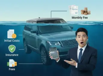 短期カーリースの費用構造を示す氷山の写真。水面上に見える少額の「月額料金」に対し、水面下には「初期費用」「保険料」「手数料」という巨大な隠れたコストがあり、電卓を持った日本人男性が驚いている様子。