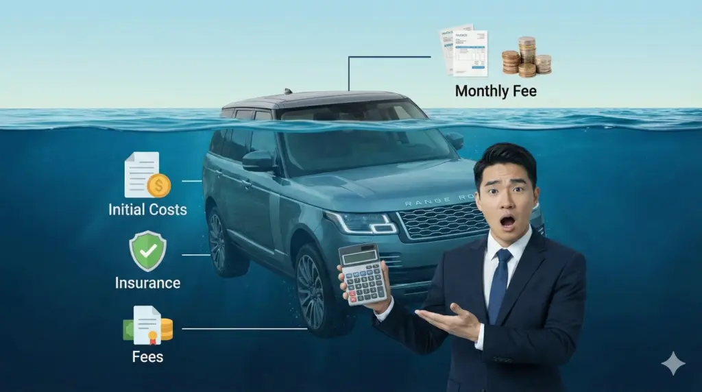 短期カーリースの費用構造を示す氷山の写真。水面上に見える少額の「月額料金」に対し、水面下には「初期費用」「保険料」「手数料」という巨大な隠れたコストがあり、電卓を持った日本人男性が驚いている様子。