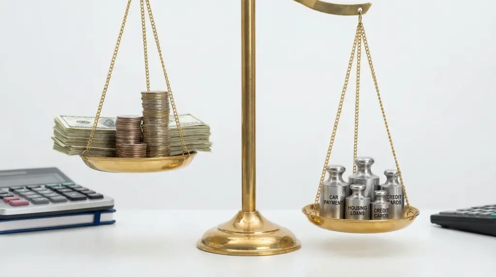 収入に対して複数の借入（住宅ローン、カード、カーリースなど）の重荷が大きく、バランスが崩れている天秤のイメージ