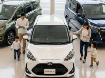 自動車ディーラーのショールームで、家族連れの日本人夫婦がトヨタ シエンタ（白）、ホンダ フリード（緑）、トヨタ ノア（青）といったミニバンを見比べている様子。