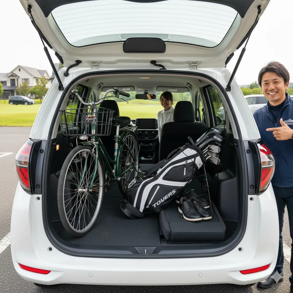 新型シエンタの荷室に自転車とゴルフバッグが積載されており、日本人男性が笑顔で荷室を指差している。車内には日本人女性が座っている。