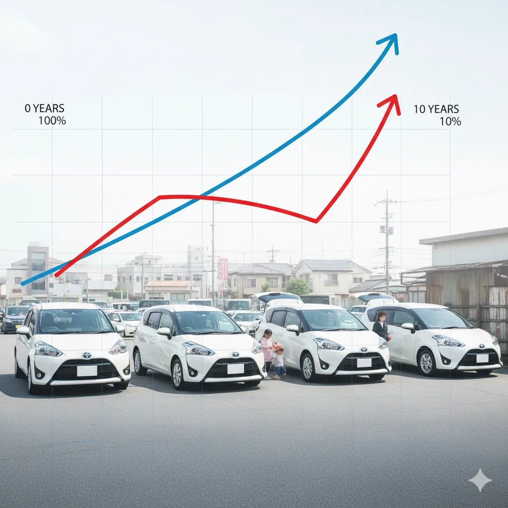 駐車場に並ぶ年式の異なるトヨタ・シエンタの旧型モデル（170系）数台の上に、年数経過と残価率の推移を示すグラフが重ねられている。