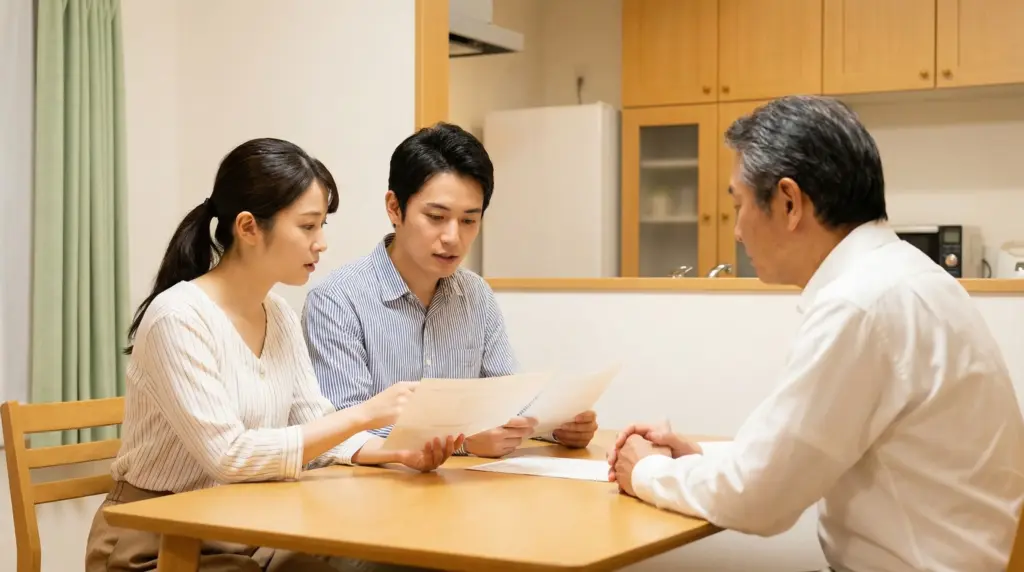 リビングでカーリースの連帯保証人について親に相談している若い夫婦と父親の様子。