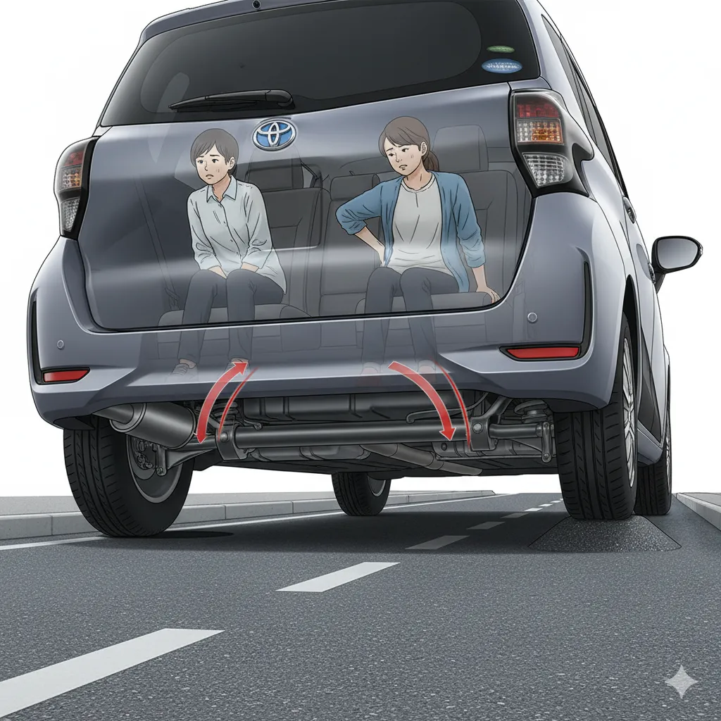 シエンタのリアサスペンション（トーションビーム）の模式図。後部座席の乗員が突き上げ感を感じている様子。