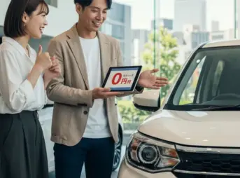 自動車ディーラーでタブレットを使ってカーリースの説明を受け、笑顔で頷く若いカップル。手元には「頭金0円」と表示された画面が見える。