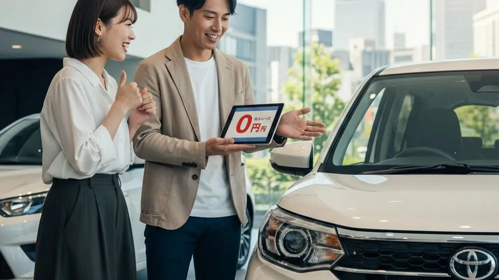 自動車ディーラーでタブレットを使ってカーリースの説明を受け、笑顔で頷く若いカップル。手元には「頭金0円」と表示された画面が見える。