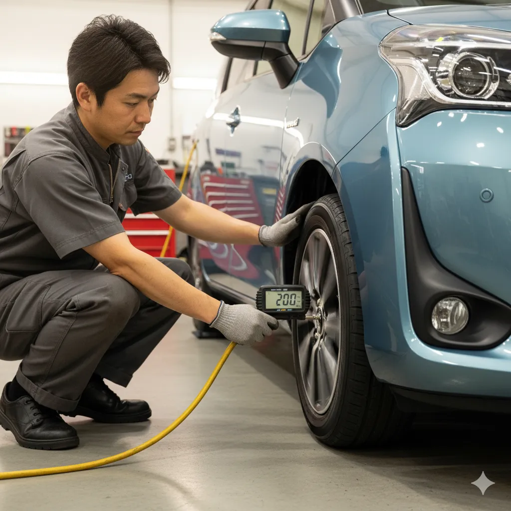 整備士がトヨタ・シエンタのタイヤ空気圧を調整している様子。