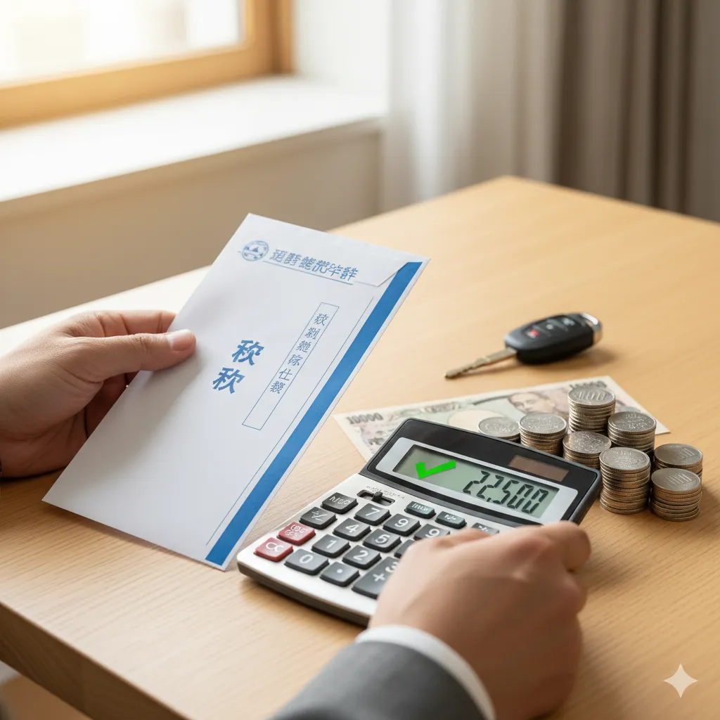 自動車税の節約をイメージさせる納税通知書の封筒と日本円の硬貨。
