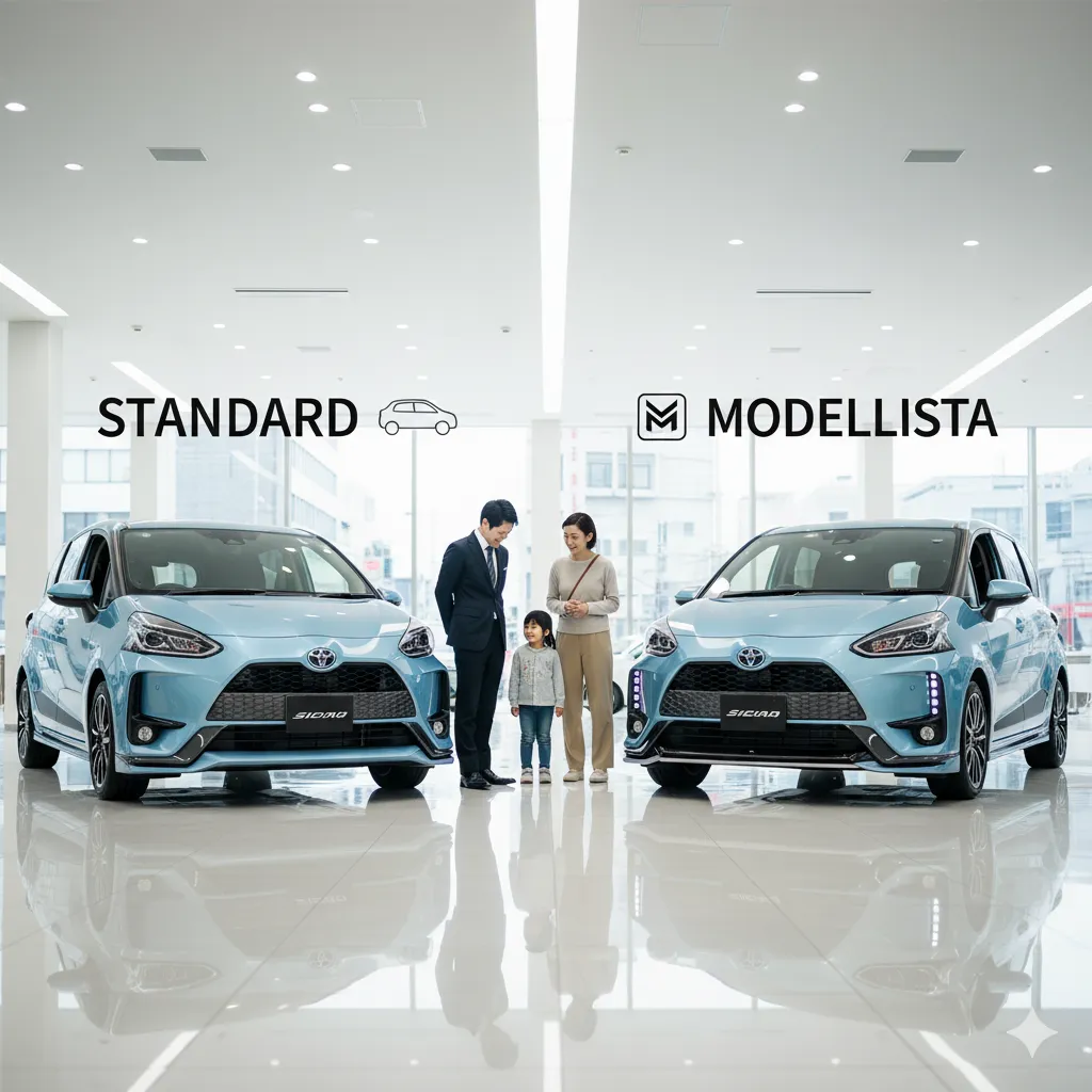 トヨタのショールームで、標準モデルのシエンタとモデリスタカスタムのシエンタを比較する日本人家族とディーラー担当者。それぞれの車両の特徴がわかるようになっている。