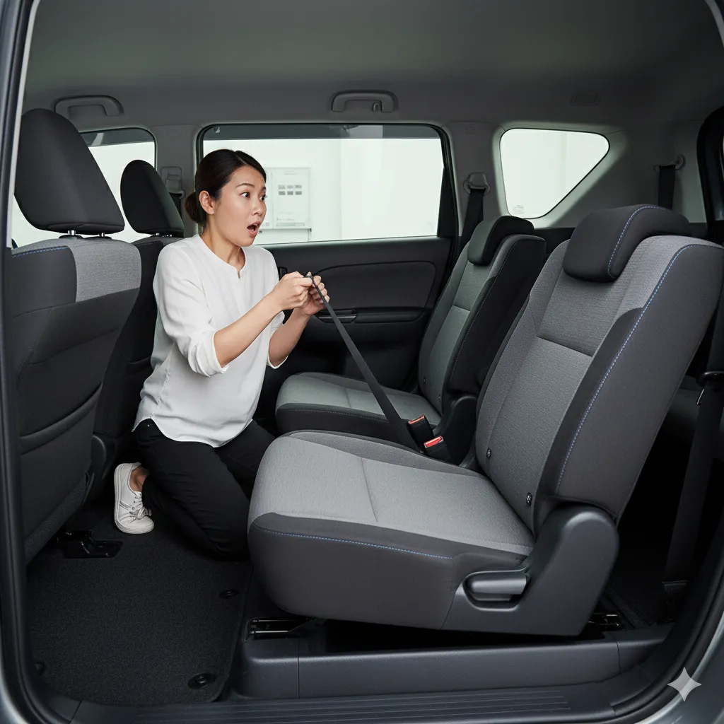 シエンタの3列目シートを床下から復元する際、シートがバネの力で勢いよく跳ね上がってくる瞬間の様子。