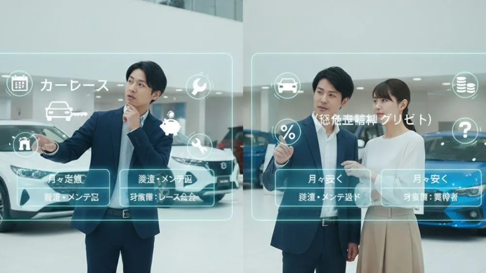自動車ディーラーで、カーリースと残価設定型クレジット(残クレ)の違いを検討する日本人カップルの様子。それぞれのサービスの特徴がアイコンで視覚的に表現されている。