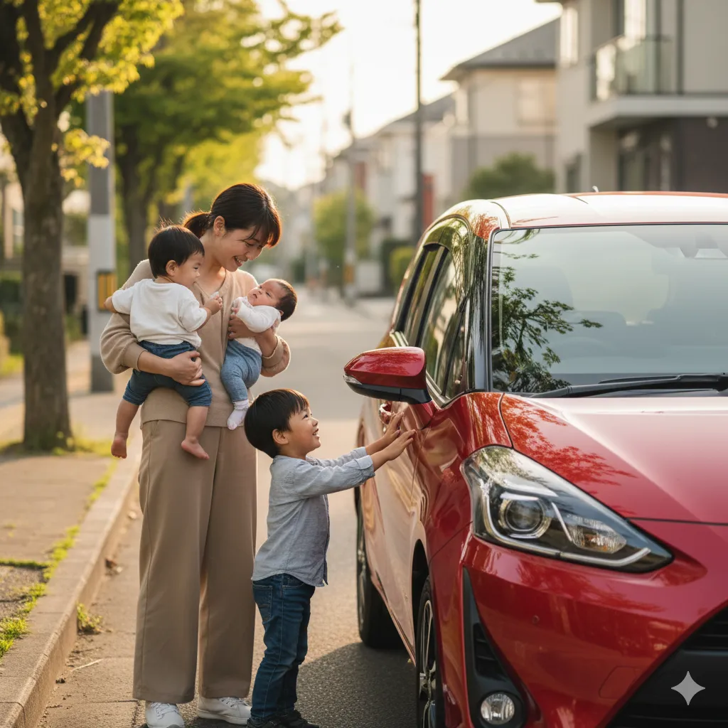 赤いシエンタの隣で、日本の母親が子供たちと笑顔で触れ合っている様子。