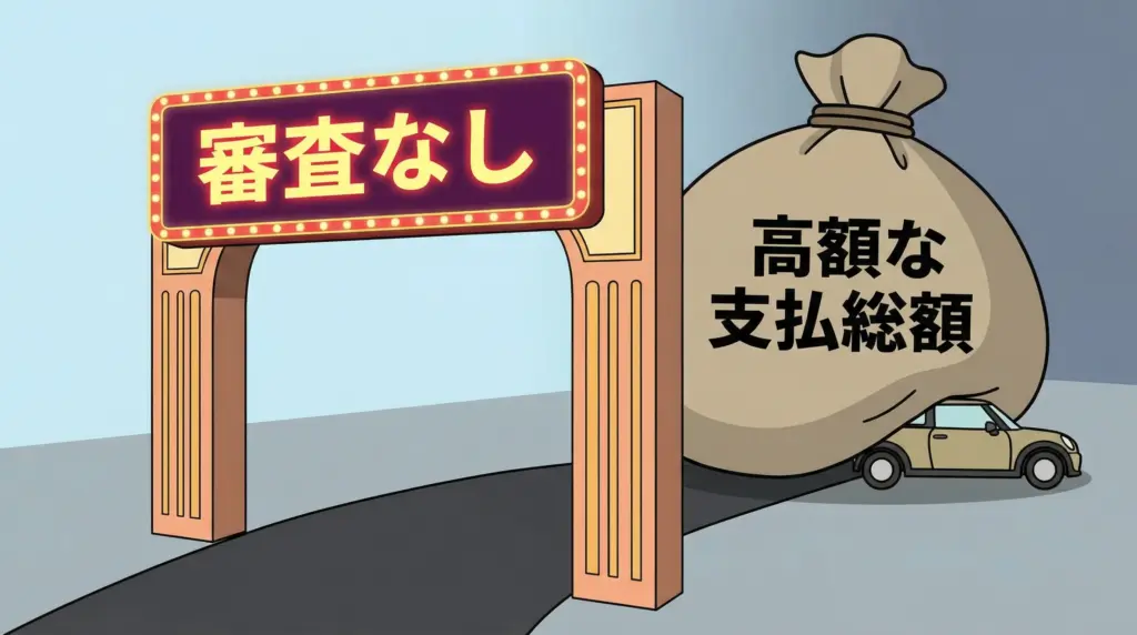 「審査なし」という魅力的な入り口の先に、「高額な支払総額」という大きな負担が待ち受けていることを示すイラスト。