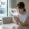 スマートフォンでカーリースの審査結果を見て不安そうな表情を浮かべる日本人女性の様子。