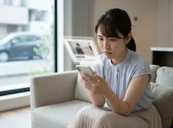 スマートフォンでカーリースの審査結果を見て不安そうな表情を浮かべる日本人女性の様子。