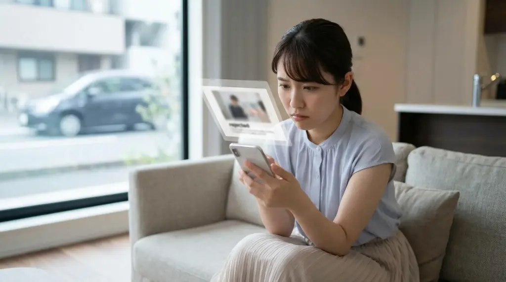 スマートフォンでカーリースの審査結果を見て不安そうな表情を浮かべる日本人女性の様子。