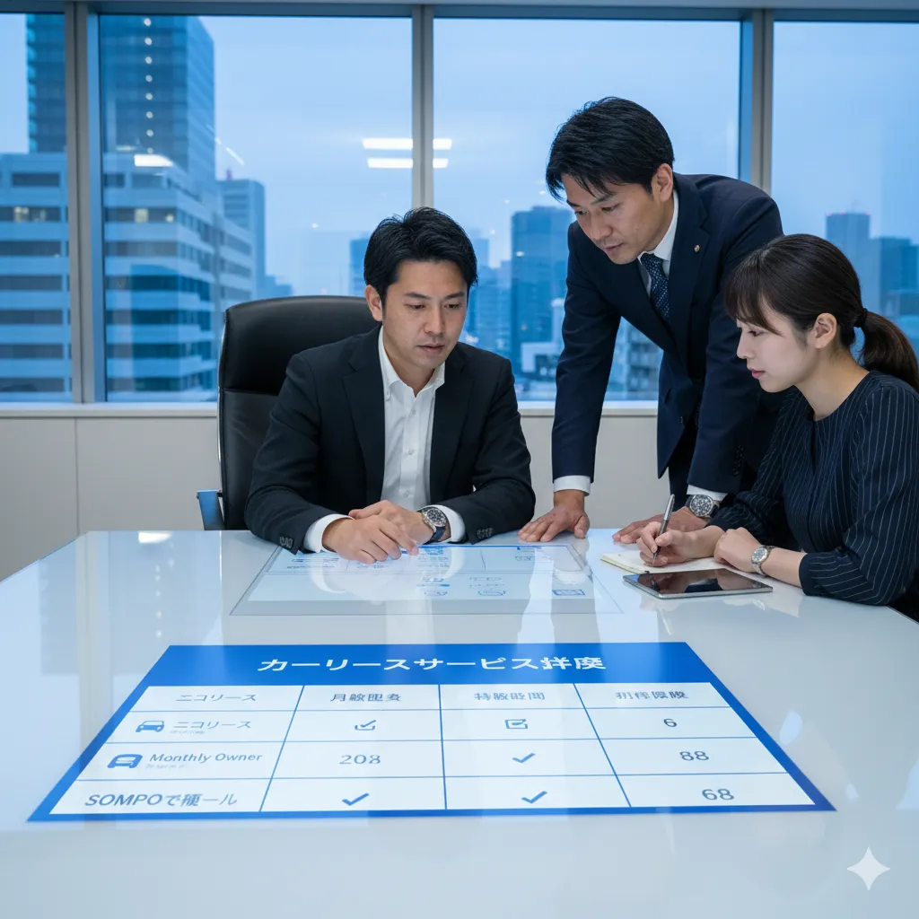 オフィスで、透明なディスプレイに表示されたカーリースサービスの比較表を囲んで話し合う日本人ビジネスパーソン3人。表には各サービス名、月額目安、特約期間、初回保険料などの項目があり、真剣に検討している様子が伝わる。