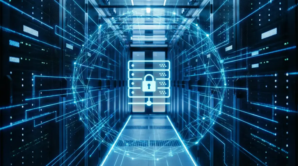 個人の信用情報が記録される安全なデータベースとネットワークを表現した抽象的なデジタルイメージ。