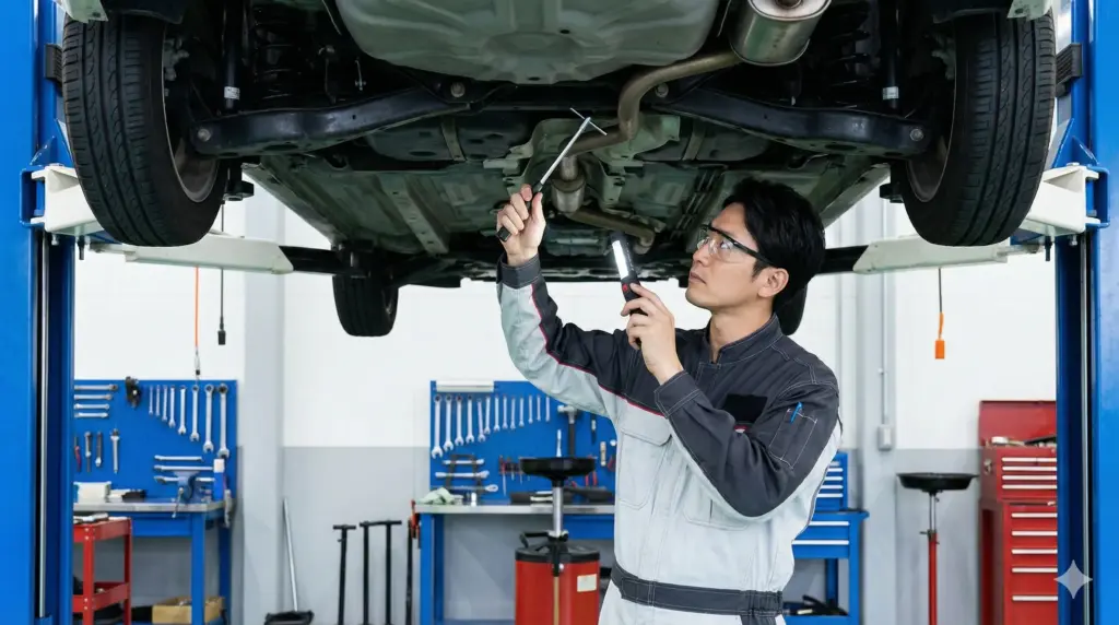 清潔な自動車整備工場で、リフトアップされた車の下回りを入念に点検している、プロの日本人整備士の男性。