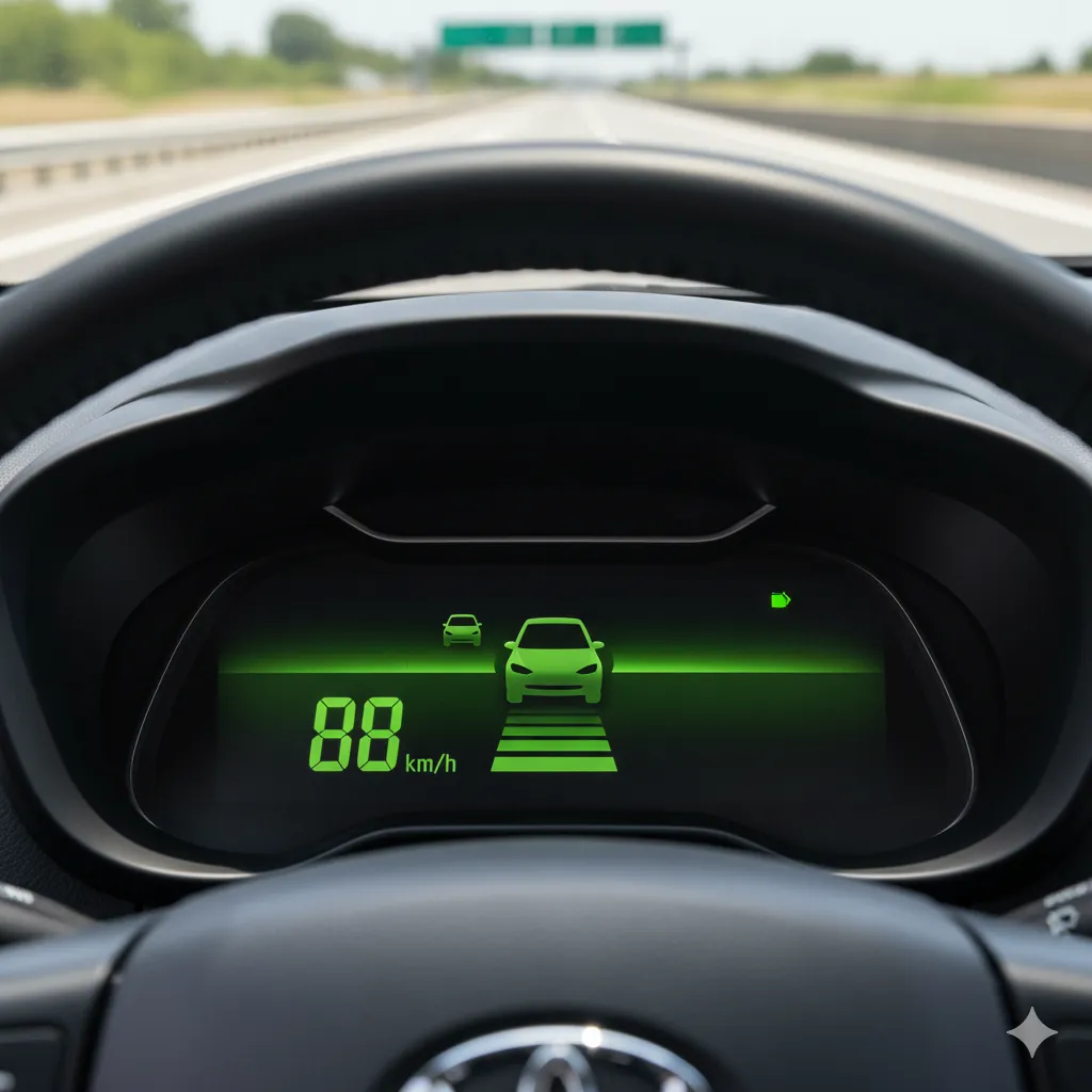 シエンタのデジタルメーターディスプレイ。緑色表示灯が点灯し、車速88km/hで先行車に追従しているレーダークルーズコントロールの作動状態。