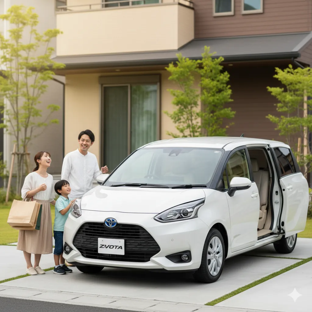 新しい白いシエンタの横に立つ、笑顔の日本人家族（夫婦と男の子）。新車の購入を喜ぶ様子が表現されている。