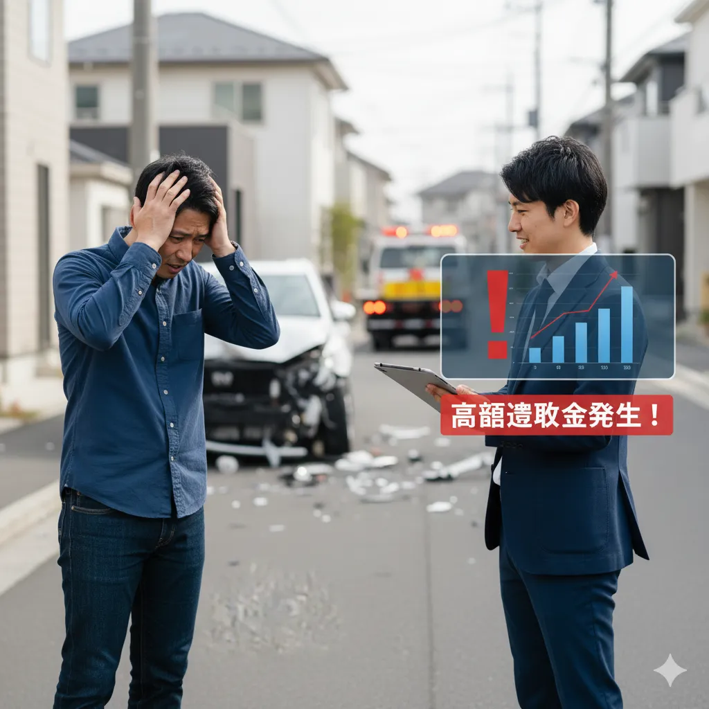 事故を起こして頭を抱える男性と、高額な違約金発生を示すグラフを提示する営業担当者。事故で破損した車が背景にある。