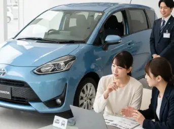 トヨタのディーラーでシエンタのオプションについて説明を受ける日本人夫婦と担当者。壁にはメーカーオプションとディーラーオプションの違いを示すイラストがある。