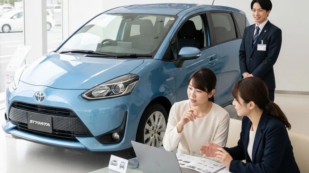 トヨタのディーラーでシエンタのオプションについて説明を受ける日本人夫婦と担当者。壁にはメーカーオプションとディーラーオプションの違いを示すイラストがある。