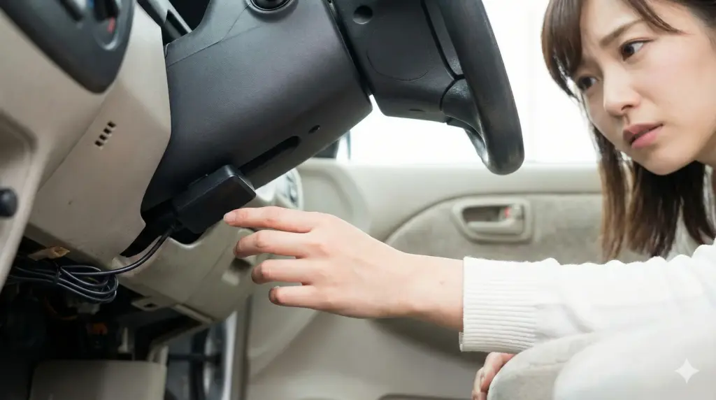 審査なしカーリース車両の運転席足元に取り付けられた黒いGPS遠隔制御デバイスと、それを不安そうに見つめる日本人女性の様子。