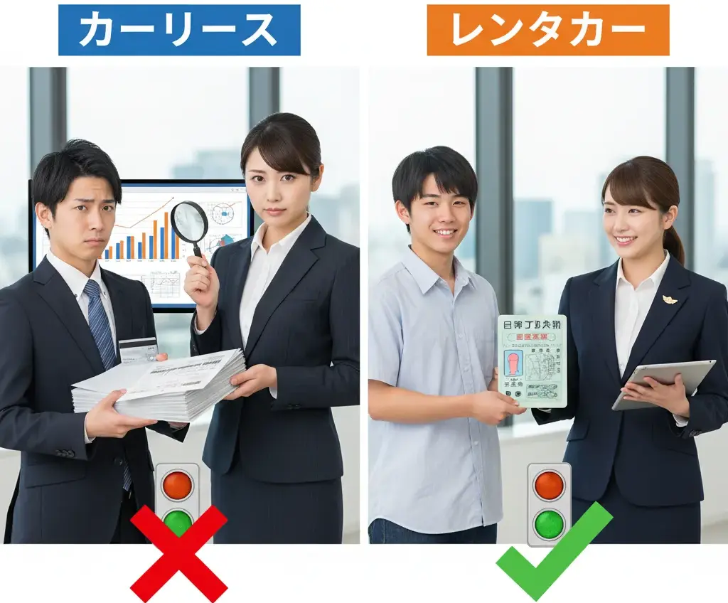 カーリースの厳格な審査（書類とクレジットカードを持つ困惑した日本人男性と虫眼鏡を持つ女性）と、運転免許証があれば利用できるレンタカー（運転免許証を提示する笑顔の日本人男性とタブレットを持つ女性）を対比した画像。