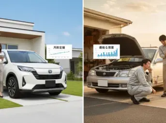 カーリースと中古車購入の選択で悩む夫婦と車のイラスト。カーリース側は新車と笑顔の夫婦、中古車側は故障した車と困惑する男性を描写し、それぞれの特徴を比較するイメージ。