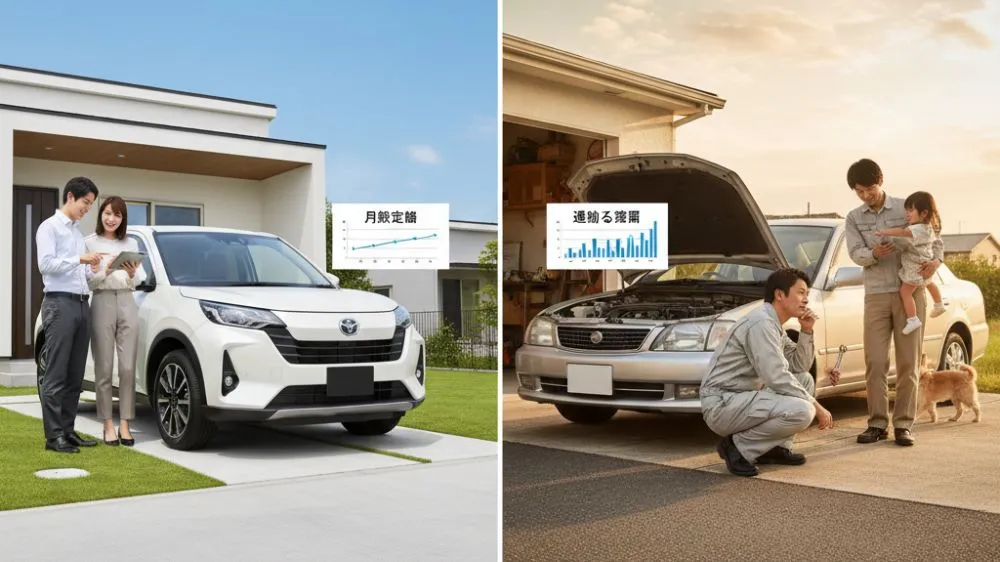 カーリースと中古車購入の選択で悩む夫婦と車のイラスト。カーリース側は新車と笑顔の夫婦、中古車側は故障した車と困惑する男性を描写し、それぞれの特徴を比較するイメージ。