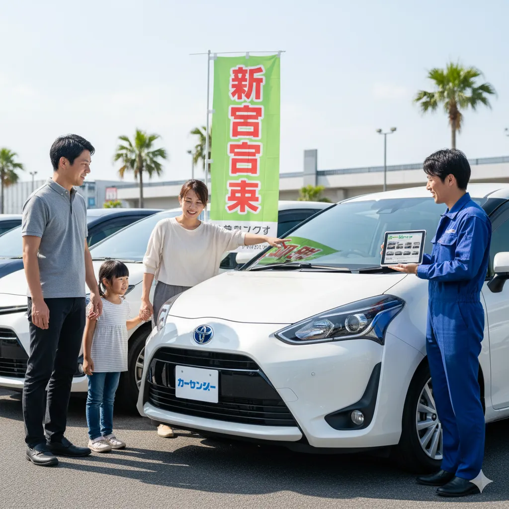 中古車販売店で新古車のシエンタを見学し、スタッフから説明を受けている家族。新古車ののぼりが見える