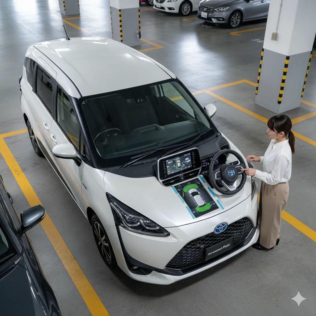日本の駐車場でアドバンストパーク機能を使用し、自動で並列駐車を行うシエンタ。運転手は監視しています。