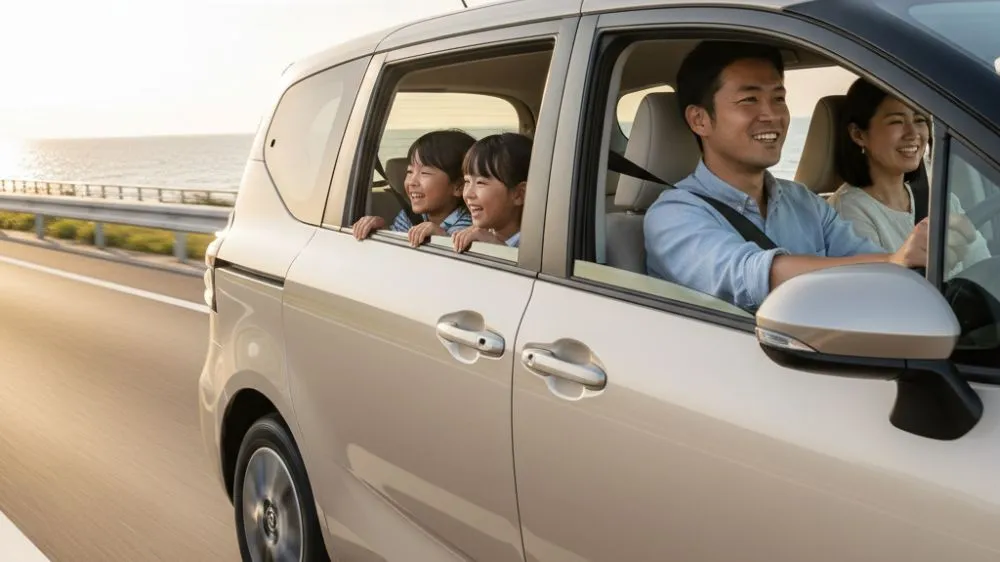家族で長距離ドライブを楽しむシエンタ。運転席の日本人男性ドライバーは笑顔で、助手席の妻と後部座席の子供たちも楽しそうだ。