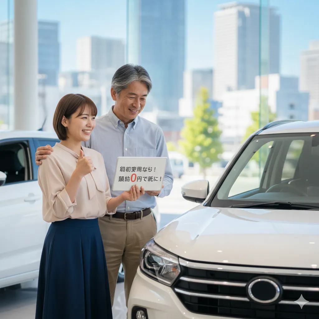 自動車ディーラーで「初期費用なら!頭金0円で新車に!」と書かれたボードを持つ男性と、その隣で親指を立てて笑顔を見せる女性。