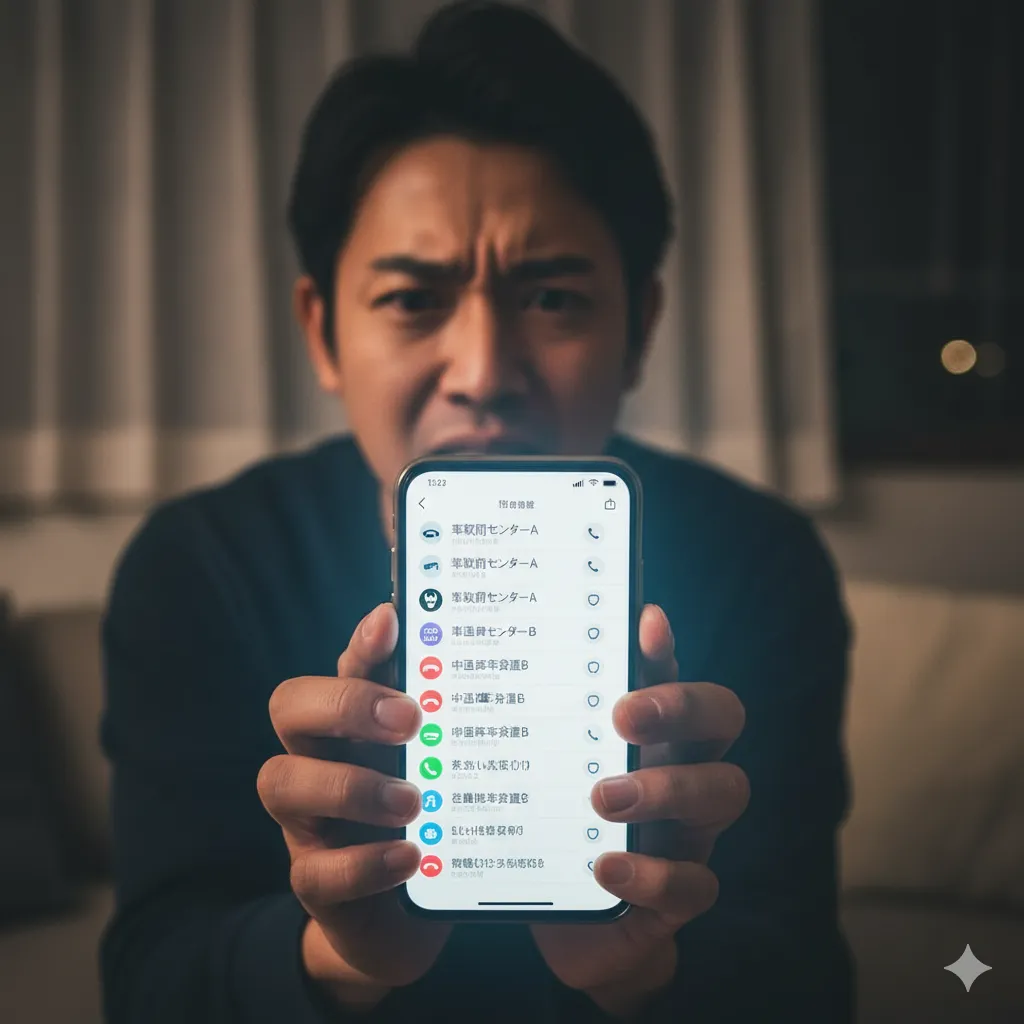 一括査定の申し込み後、スマートフォンに鳴り響く大量の着信通知を見て困惑する人物。しつこい電話のストレスを表現。