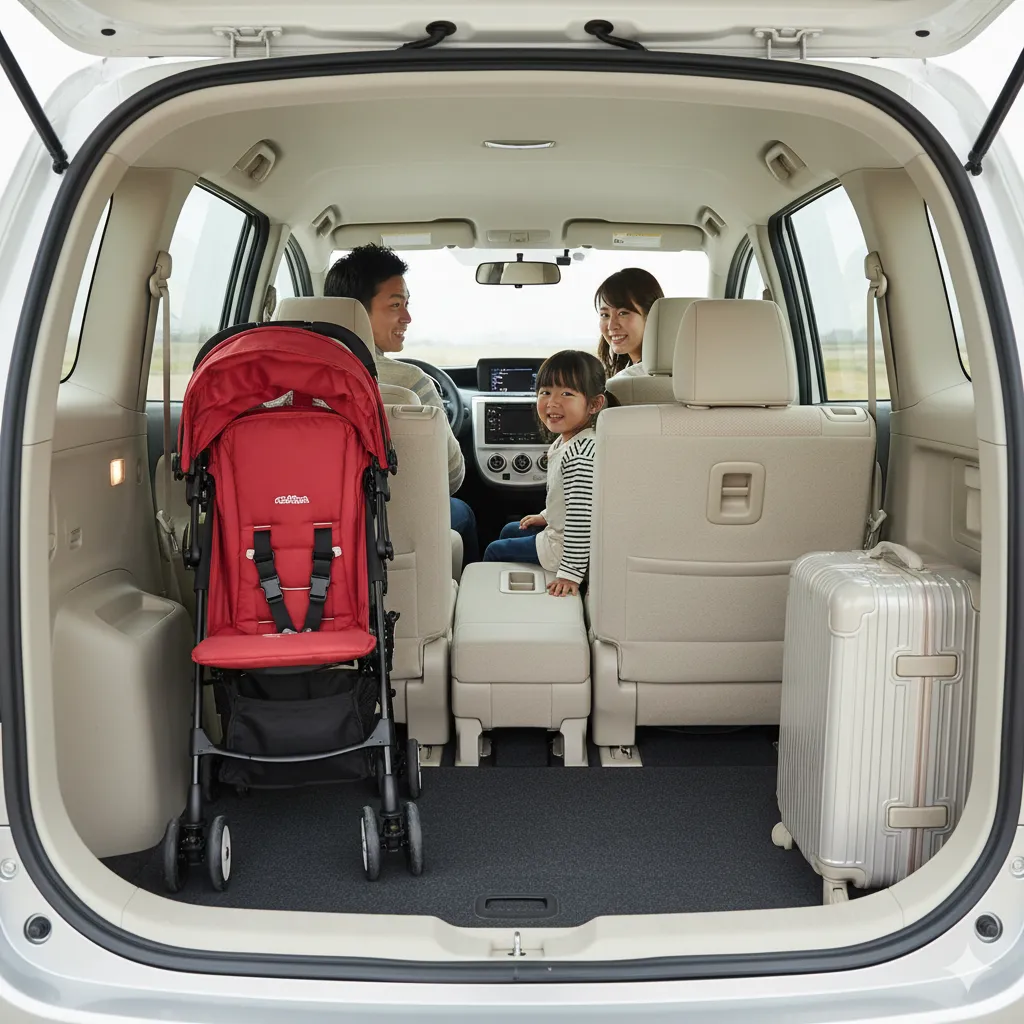 旧型シエンタ6人乗りの中古車で、日本人家族が乗車し、荷室にベビーカーとスーツケースを積んでいる。2列目がキャプテンシート風になっている。