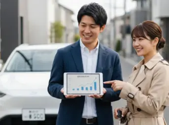 営業担当者がタブレットでカーリースの料金プランを日本人夫婦に説明している様子。白いカーリース車が背景にある。