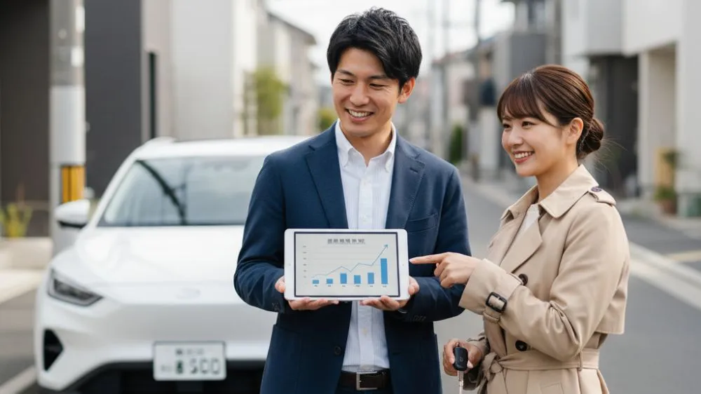 営業担当者がタブレットでカーリースの料金プランを日本人夫婦に説明している様子。白いカーリース車が背景にある。