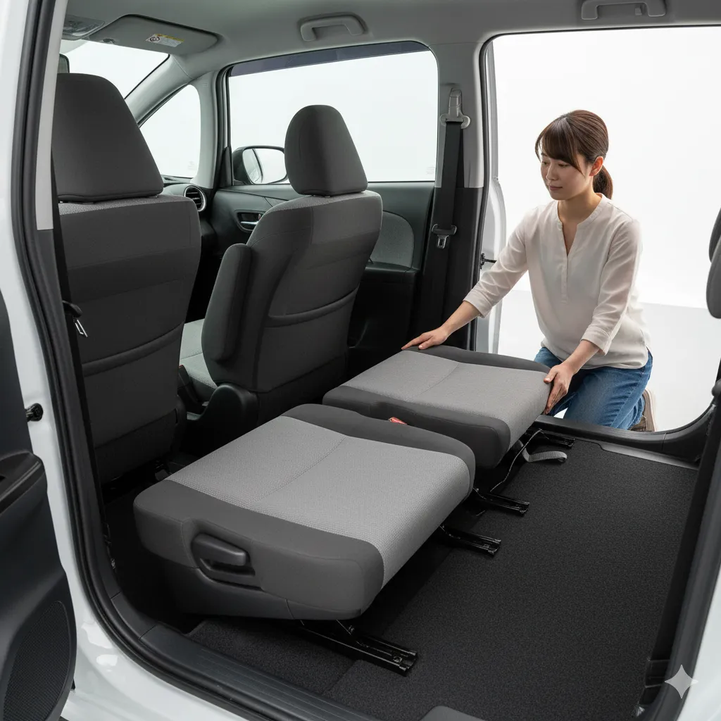 新型シエンタの3列目シートが、2列目シート下に回転しながら格納される「ダイブイン」操作の途中経過。