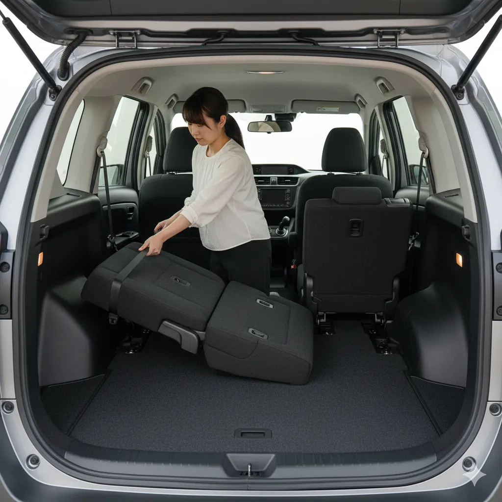 旧型シエンタ（170系）の3列目シート。2列目シートの下に滑り込ませて格納する「ダイブイン格納」の様子。