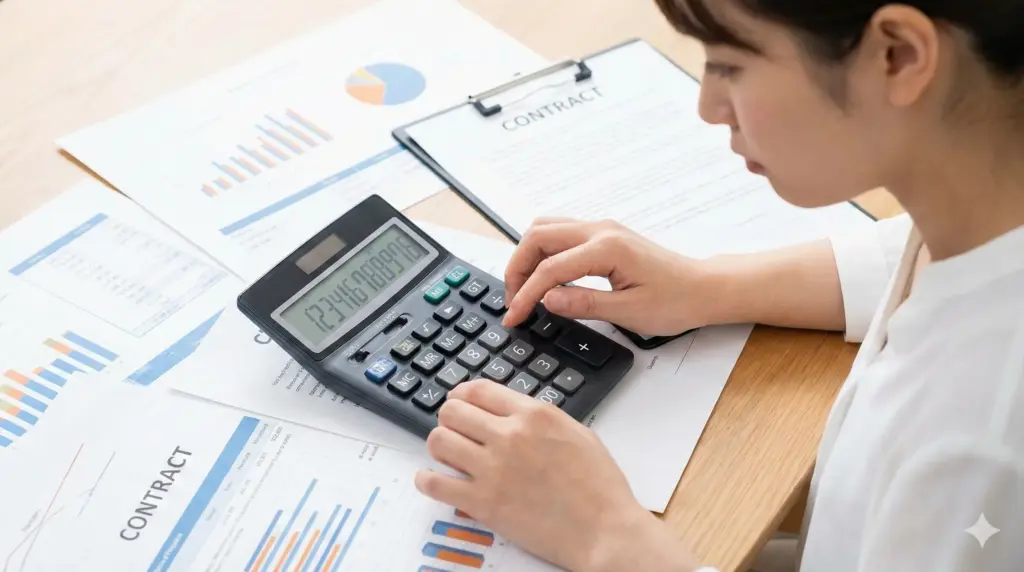 机の上で見積書や契約書などの書類を広げ、電卓を叩きながら複雑な費用の計算に集中する女性の様子。