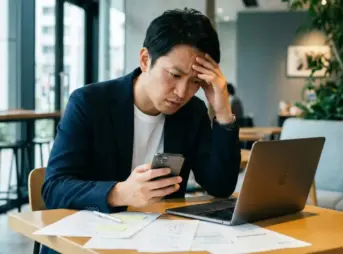 カフェでスマートフォンとノートパソコンを見ながら、短期の車の調達方法について頭を抱えて悩む日本人男性の様子。