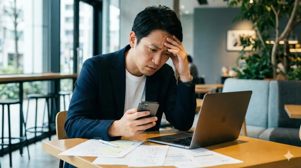 カフェでスマートフォンとノートパソコンを見ながら、短期の車の調達方法について頭を抱えて悩む日本人男性の様子。