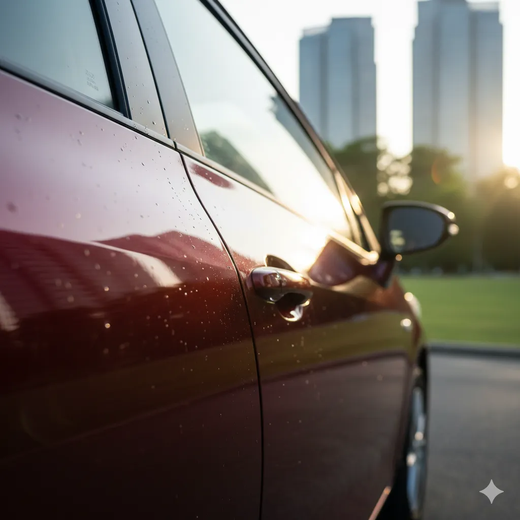 太陽光の下で輝く赤色の車のボディに水滴が付着し、コーティングの効果が視覚的に分かる写真。